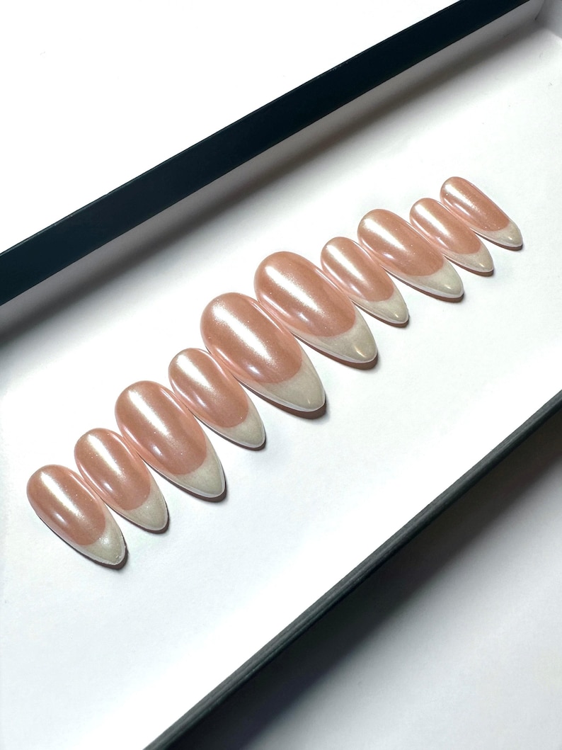 Chrome White French tip press on Nails | glue on nails | Fake Nails | False Nails | hand painted | Glue on nails | Sets of 10 and 20 nails image 2