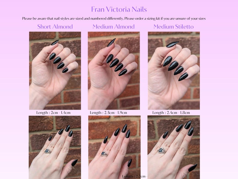 The image is a collage of six images showing different nail styles, including short almond, medium almond, and medium stiletto nails. The images provide a visual representation of the nail styles in terms of length and size.