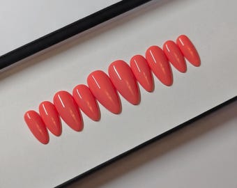 Coral Press on Nails, hand painted custom glue on nails