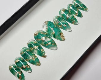 Clear Green Gold Marble Press on Nails | Fake Nails | False Nails | hand painted | Glue on nails  | Luxury Nails | Sets of 10 and 20 nails