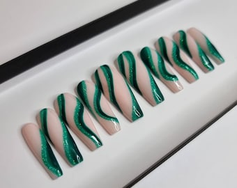 Green and Glitter Abstract Swirl Press on Nails | Fake Nails | False Nails | hand painted |  | Luxury Nails | Sets of 10 and 20 nails