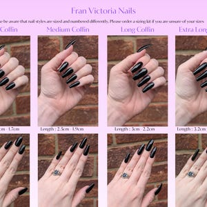 The image is a collage of four images showing different nail styles, including short, medium, long, and extra long coffin nails.
