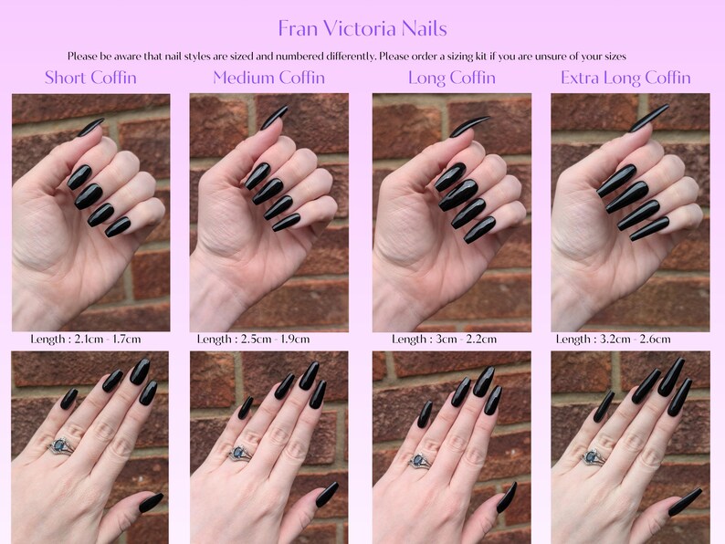 The image is a collage of four images showing different nail styles, including short, medium, long, and extra long coffin nails.
