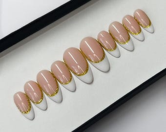 Gold White French tip press on Nails | glue on nails | Fake Nails | False Nails | hand painted glue on nails | Sets of 10 and 20 nails