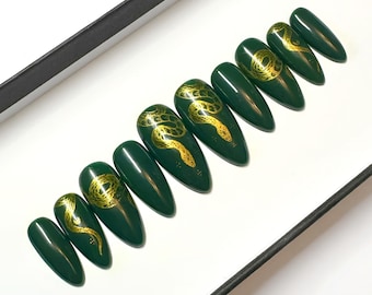 Hand Painted Green Press On Nails: Gold Snake Design, Halloween Spooky Nails