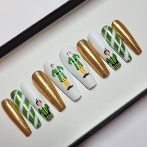 Elf Inspired press on Nails | Christmas nails | Fake Nails | False Nails | hand painted | Glue on nails | green and gold Christmas nails