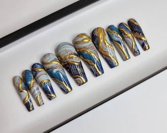 Blue and Gold Geode Press on Nails | Fake Nails | False Nails | hand painted | Glue on nails  | Luxury Nails | Sets of 10 and 20 nails