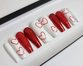 Red and White Love Heart Press on Nails | Fake Nails | False Nails | hand painted |  | Luxury Nails | Sets of 10 and 20 nails