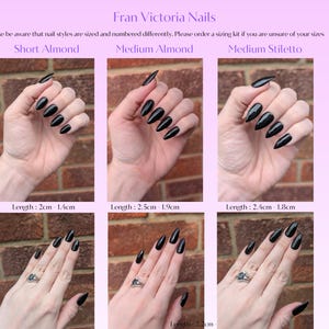 The image is a collage of six images showing different nail styles, including short almond, medium almond, and medium stiletto nails. The images provide a visual representation of the nail styles in terms of length and size.