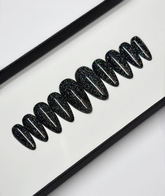 Glitter Black Press on Nails | reflective nails Fake Nails | False Nails | Glue on nails | Sets of 10 and 20 nails | luxury press ons