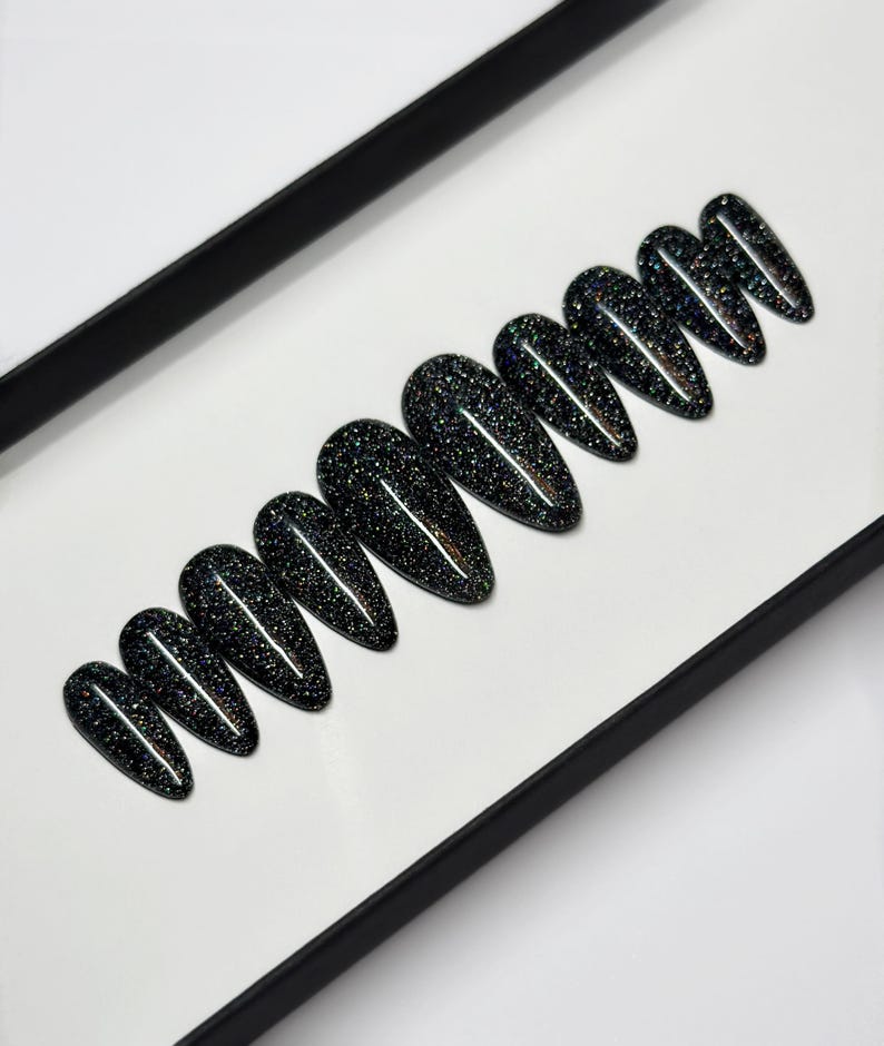 Glitter Black Press on Nails | reflective nails Fake Nails | False Nails | Glue on nails | Sets of 10 and 20 nails | luxury press ons afbeelding 1