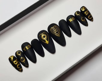 Matte Black Gold Ouija Board press on nails | Fake Nails | False Nails | hand painted | Glue on nails  | Halloween Nails | Spooky Nails