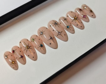 Gold Star Press on Nails with coloured rhinestones, handpainted false nails