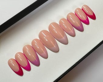 Pink French tip press on Nails | gradient tip glue on nails | ombre French Fake Nails | False Nails | hand painted | Sets of 10 and 20 nails