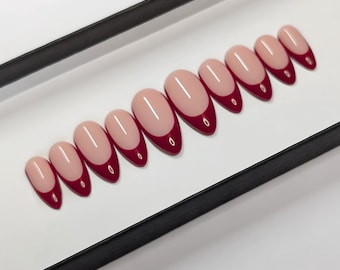 Cherry Red French Tip Press On Nails: Hand Painted False Nails