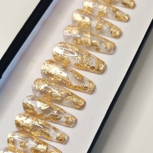 Clear and Gold Press on Nails  | Fake Nails | False Nails | hand painted | Glue on nails  | Luxury Nails | Sets of 10 and 20 nails
