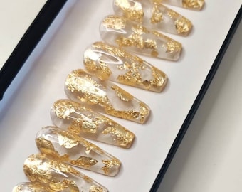 Clear and Gold Press on Nails  | Fake Nails | False Nails | hand painted | Glue on nails  | Luxury Nails | Sets of 10 and 20 nails