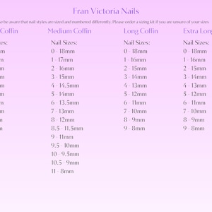 a collection of nail styles, each with a specific size ranging from 0 to 18mm. The nail styles include short coffin, medium coffin, long coffin, and extra long coffin. The image does not contain any text that would describe each nail style individually, and it does not include any phrases like 'The image depicts', 'The image displays', 'The image shows', 'In the image', 'The image captures', 'The image features', or similar phrases.