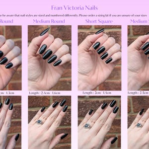 The image is a collage of six images showing different nail styles and their corresponding nail lengths. The nails are all painted black, and the images are arranged in a grid format with two rows and three columns.