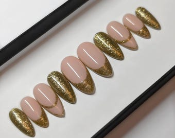 Gold Christmas Press on Nails | glitter Fake Nails | Xmas False Nails | holiday hand painted | party Glue on nails | Luxury Nails