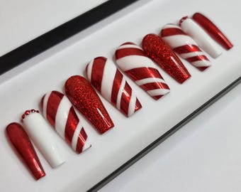 Red Candy Cane press on Nails | Fake Nails False Nails | hand painted | Glue on nails | red and white Christmas nails sets of 10 and 20 nail