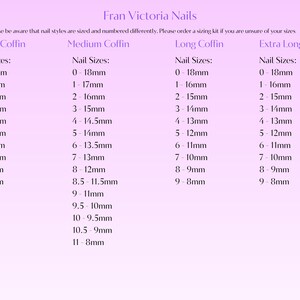 a collection of nail styles, each with a specific size ranging from 0 to 18mm. The nail styles include short coffin, medium coffin, long coffin, and extra long coffin. The image does not contain any text that would describe each nail style individually, and it does not include any phrases like 'The image depicts', 'The image displays', 'The image shows', 'In the image', 'The image captures', 'The image features', or similar phrases.