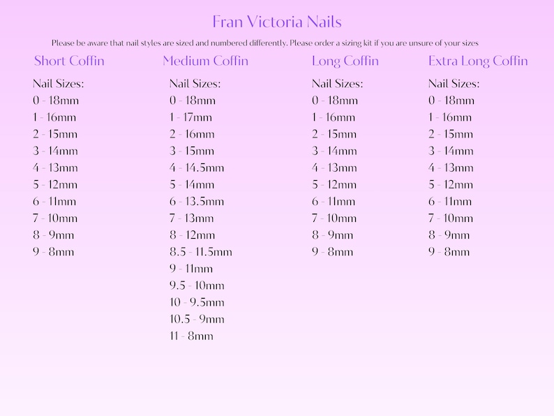 a collection of nail styles, each with a specific size ranging from 0 to 18mm. The nail styles include short coffin, medium coffin, long coffin, and extra long coffin. The image does not contain any text that would describe each nail style individually, and it does not include any phrases like 'The image depicts', 'The image displays', 'The image shows', 'In the image', 'The image captures', 'The image features', or similar phrases.