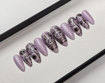 Lilac Tarot Card Press on Nails | purple silver Shimmer Witch Design | Halloween Fake Nails | False Nails | Hand Painted | Halloween Nails