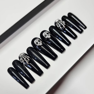 Black and Silver Skeleton Press on Nails | Fake Nails | False Nails | hand painted | Glue on nails  | Luxury Nails | Sets of 10 and 20 nails