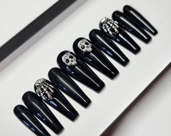 Black and Silver Skeleton Press on Nails | Fake Nails | False Nails | hand painted | Glue on nails  | Luxury Nails | Sets of 10 and 20 nails