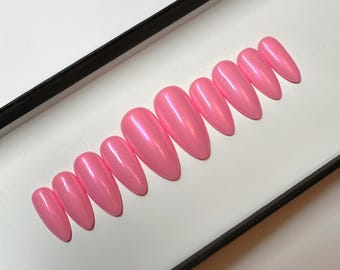 Chrome pink Press On Nails | glazed glow in the dark Nails | glue on Fake Nails False Nails | hand painted pink nails | stick on nails