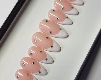 French tip Crystal press on Nails | glue on nails | Fake Nails | False Nails | hand painted | Glue on nails  | Sets of 10 and 20 nails