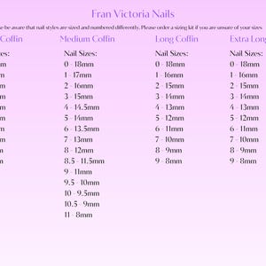 a collection of nail styles, each with a specific size ranging from 0 to 18mm. The nail styles include short coffin, medium coffin, long coffin, and extra long coffin. The image does not contain any text that would describe each nail style individually, and it does not include any phrases like 'The image depicts', 'The image displays', 'The image shows', 'In the image', 'The image captures', 'The image features', or similar phrases.