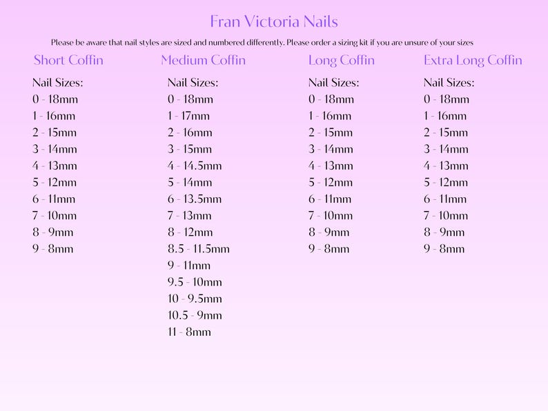 a collection of nail styles, each with a specific size ranging from 0 to 18mm. The nail styles include short coffin, medium coffin, long coffin, and extra long coffin. The image does not contain any text that would describe each nail style individually, and it does not include any phrases like 'The image depicts', 'The image displays', 'The image shows', 'In the image', 'The image captures', 'The image features', or similar phrases.
