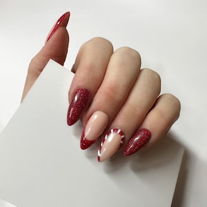 Red Candy Cane press on Nails | Fake Nails | False Nails | hand painted | Glue on nails | red Christmas nails | luxury press ons