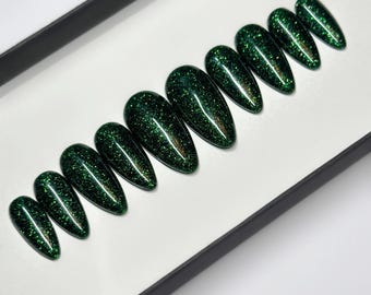 Glittery green Press on Nails | festive holiday nails Fake Nails | False Nails | Glue on nails | Sets of 10 and 20 nails | luxury press ons