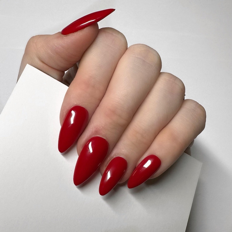 Classic Red Press On Nails, Hand painted custom nails, Luxury press ons image 2