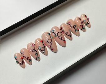 Christmas Fairy Lights Press on Nails | Fake Nails | False Nails | hand painted | Glue on nails  | Luxury Nails | Sets of 10 and 20 nails
