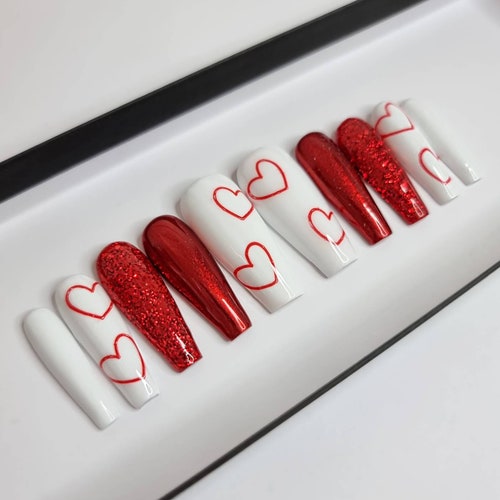 Red and White Love Heart Press on Nails Fake Nails False - Etsy
