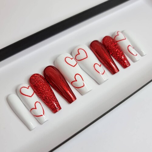 Red and White Love Heart Press on Nails Fake Nails False Etsy