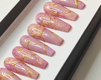 Pink and Gold Marble Press on Nails | Fake Nails | False Nails | hand painted | Glue on nails  | Luxury Nails | Sets of 10 and 20 nails