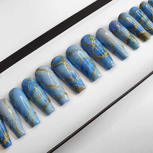 Blue and Gold Marble Press on Nails | Fake Nails | False Nails | hand painted | Glue on nails  | Luxury Nails | Sets of 10 and 20 nails