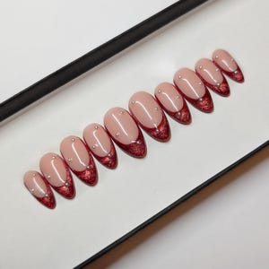 Red French tip Pearl press on Nails | glue on nails | Fake Nails | False Nails | hand painted | Glue on nails  | Sets of 10 and 20 nails