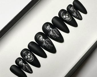 Matte Black Press On Nails with Silver Skeleton nail art, glue on Halloween press on nails, set of 10 or 20 hand painted false nails