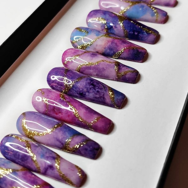 Purple and Gold Marble | Galaxy | Press on Nails| Fake Nails | False Nails | hand painted | Glue on nails  | Sets of 10 and 20 nails