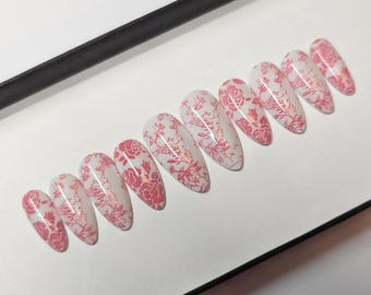 White and pink press on Nails | delftware glue on nails | Fake Nails | False Nails | hand painted nails | nails | Sets of 10 and 20 nails