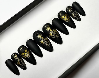 Matte Black Press On Nails with Gold Skeleton nail art, glue on Halloween press on nails, set of 10 or 20 hand painted false nails