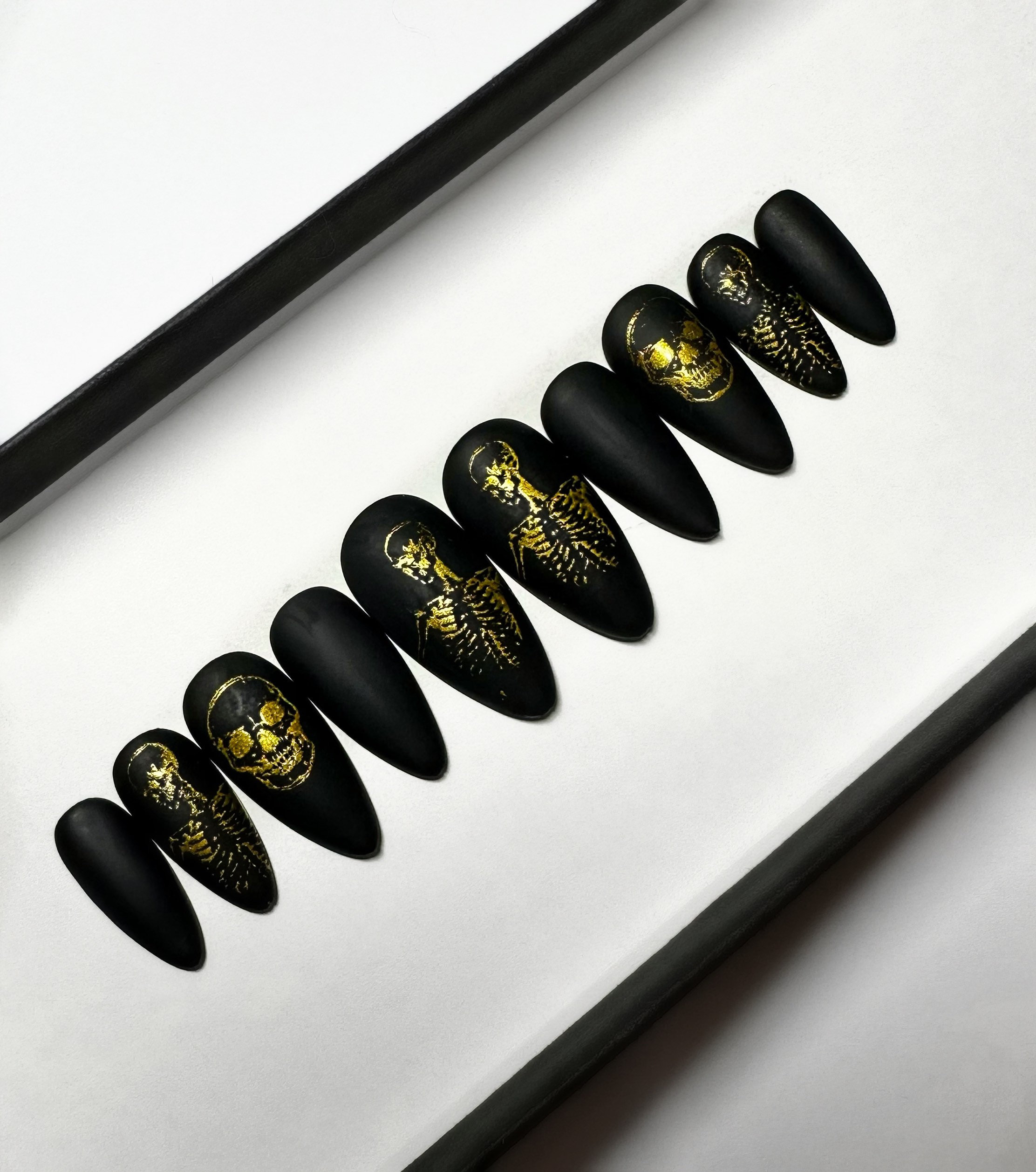 Reusable Hand Painted Press on Nails, Black and Gold Foil Stick on