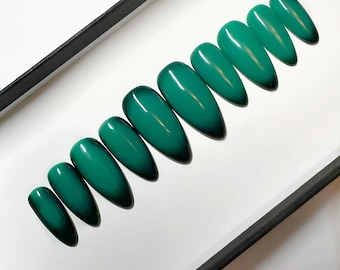 Green Press on Nails, colour changing, hand painted luxury press on nails