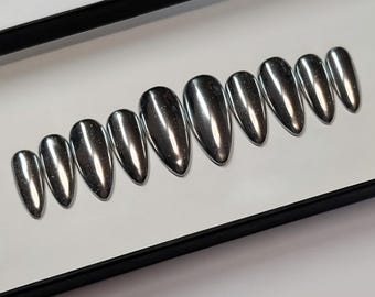 Silver chrome press on Nails | glazed donut glue on nails | Fake Nails False Nails | hand painted | silver press on nails luxury nails
